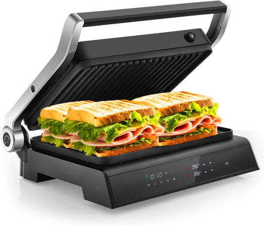 KOTEK 3-In-1 Sandwich Maker, 1200W Indoor Grill w/Floating Hinged Lid, Removable Drip Tray & Non-Stick Coated Plates, Open 180°, 4 Slice Panini Press Grill, 5 Auto Modes, Temperature Control & Timer - PuriLite