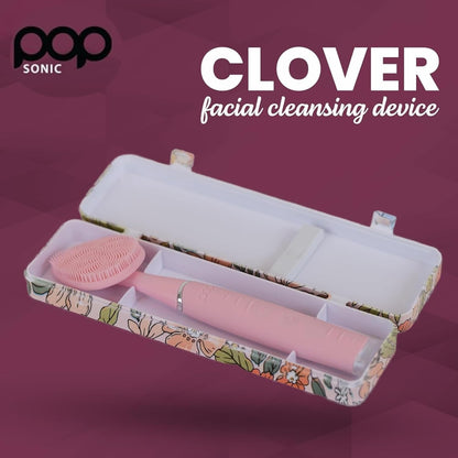 Pop Sonic Clover Facial Cleansing Device- Silicone Pore Cleaning Tool w/Case- 8000VPM, USB Charging Skin Care Tools for Face (Pink)