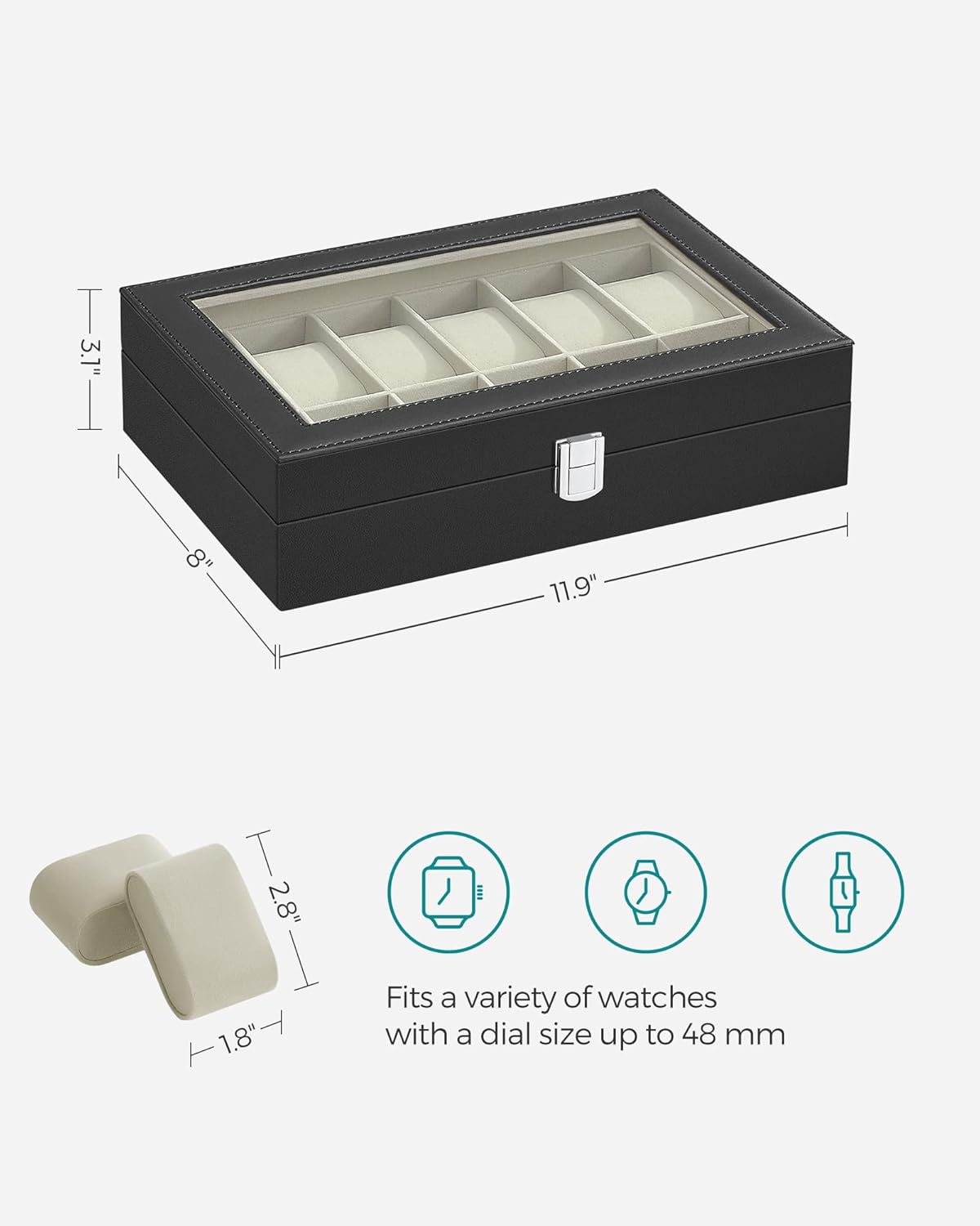 SONGMICS Watch Box, 6-Slot Watch Case, Watch Box Organizer, Black Synthetic Leather, Greenish Gray Lining UJWB06BK