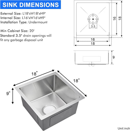 MENATT 20-inch Undermount Kitchen Sink, SUS304 Stainless Steel Handmade Single Bowl Kitchen Sink with Sink Strainer (Brushed), 20"x16"x9"