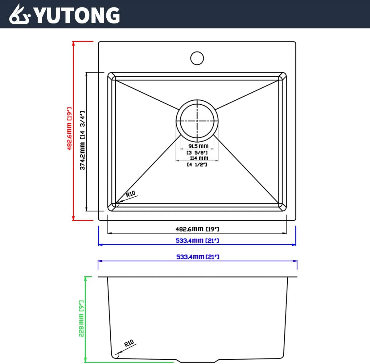 Yutong 16" x 20" Top-Mount/Drop in SS304 Stainless Steel Kitchen Black Sink Single Bowl Without Grid