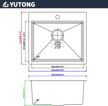 Yutong 16" x 20" Top-Mount/Drop in SS304 Stainless Steel Kitchen Black Sink Single Bowl Without Grid