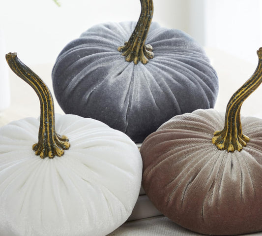 Velvet pumpkins set of 3 small, neutral home decor, fall tablescape, tiered tray centerpiece, elegant gift set for friend, Thanksgiving centerpiece, cozy autumn vibe, hygge home (Gray, Taupe, Ivory)