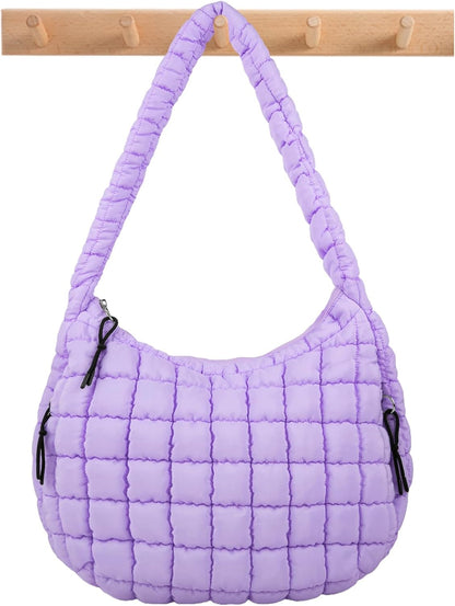 Quilted Puffer Tote Bag Large Crossbody Shoulder Bag with Zipper, Nylon Hobo Oversized Handbag