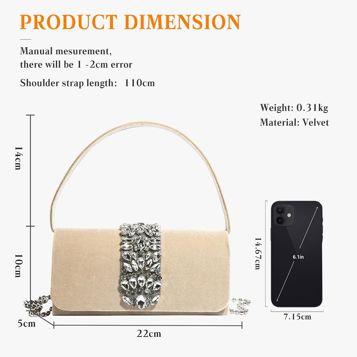 CORIOS Evening Bag for Women Rhinestone Clutch Bag Sparkly Crystal Handbag Bridal Wedding Purse Glitter Shoulder Bag