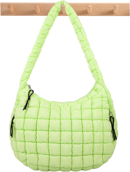 Quilted Puffer Tote Bag Large Crossbody Shoulder Bag with Zipper, Nylon Hobo Oversized Handbag