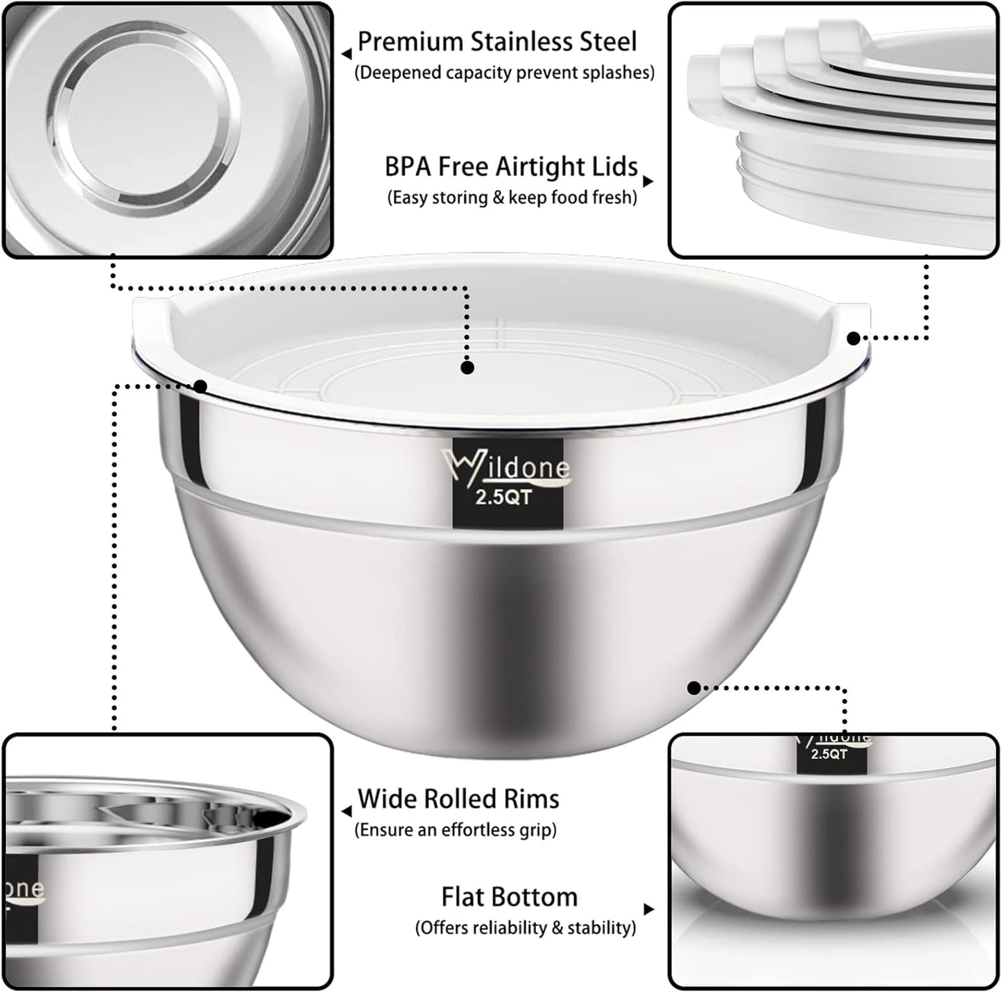 Mixing Bowls with Airtight Lids - Wildone 19 Piece Stainless Steel Nesting Bowls Set, BPA Free & Extra Deep, Size 5, 2.5, 2, 1.5, 1 QT, Great for Mixing & Serving