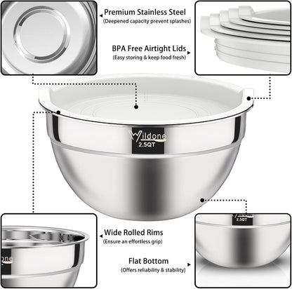 Mixing Bowls with Airtight Lids - Wildone 19 Piece Stainless Steel Nesting Bowls Set, BPA Free & Extra Deep, Size 5, 2.5, 2, 1.5, 1 QT, Great for Mixing & Serving