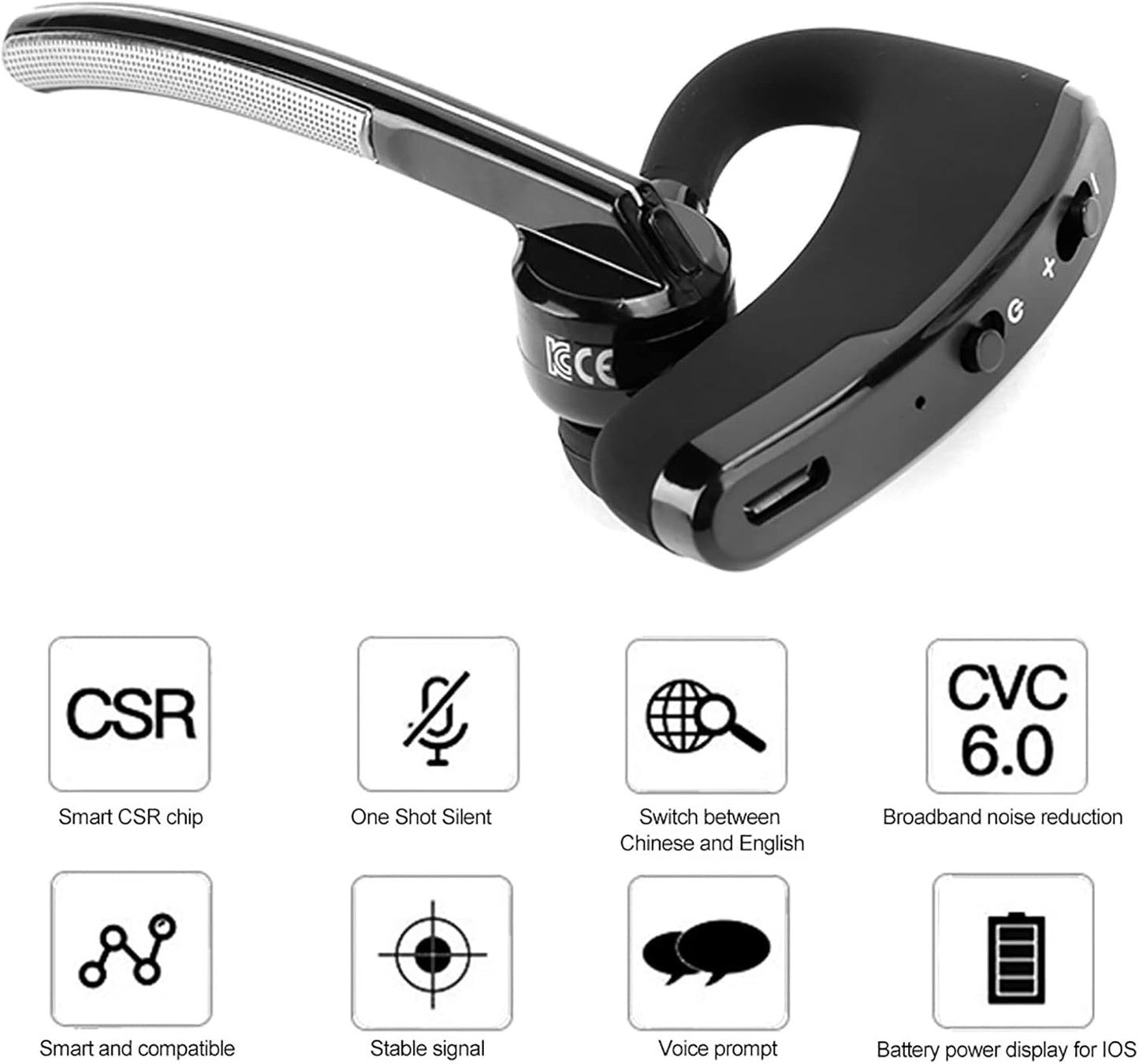 V8 Cordless Business BT Headphone, Clear HD Sound, Voice Prompt, Hands Calling, Noise Reduction, Intelligent CSR Chip
