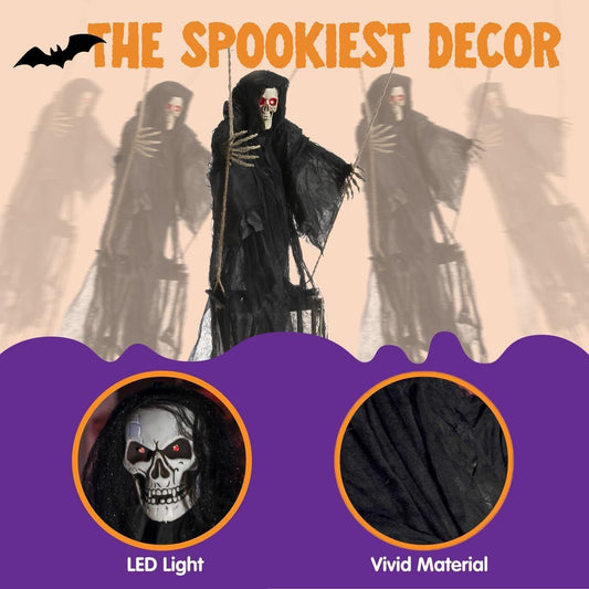 JOYIN Outdoor Halloween Decorations 2 Packs Hanging Ghosts Decor with Lighted Up Eyes, 3ft Scary Grim Reaper Swinging Skeleton Flying for Yard Patio Lawn Garden