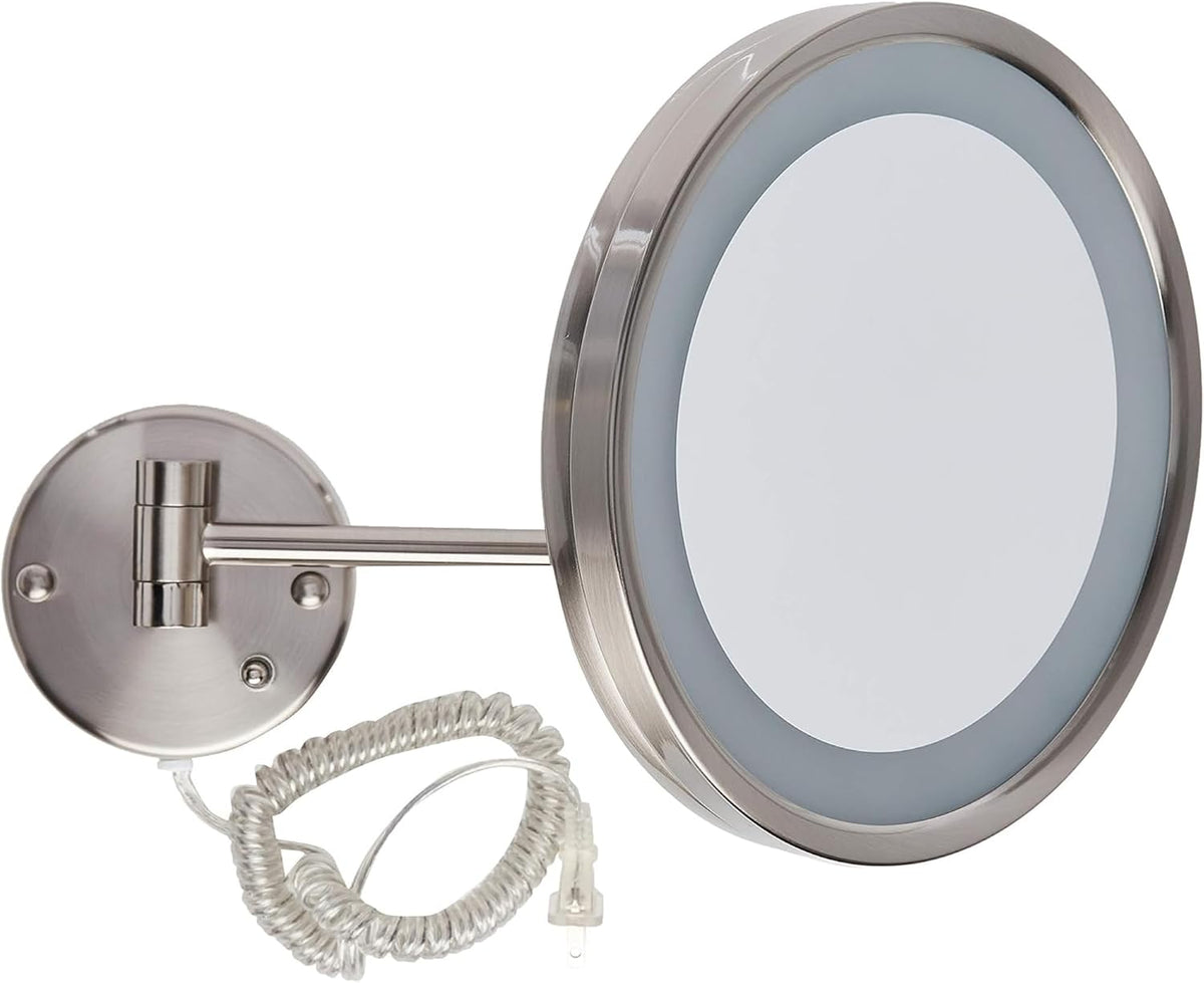 Jerdon HL1016NL 9.5-Inch LED Halo Lighted Wall Mount Mirror with 5x Magnification, 16-Inch Extension, Nickel Finish | 9.5" Diameter, 16" Wall Arm, LED Lighting, Corded Plug-In Power