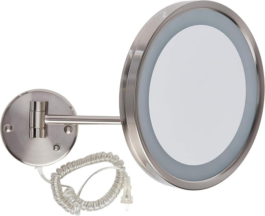 Jerdon HL1016NL 9.5-Inch LED Halo Lighted Wall Mount Mirror with 5x Magnification, 16-Inch Extension, Nickel Finish | 9.5" Diameter, 16" Wall Arm, LED Lighting, Corded Plug-In Power