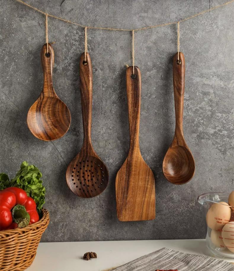 Purilite Select – Natural Teak Wooden Cooking Utensils Set (8-Piece Spoons &amp; Spatulas)