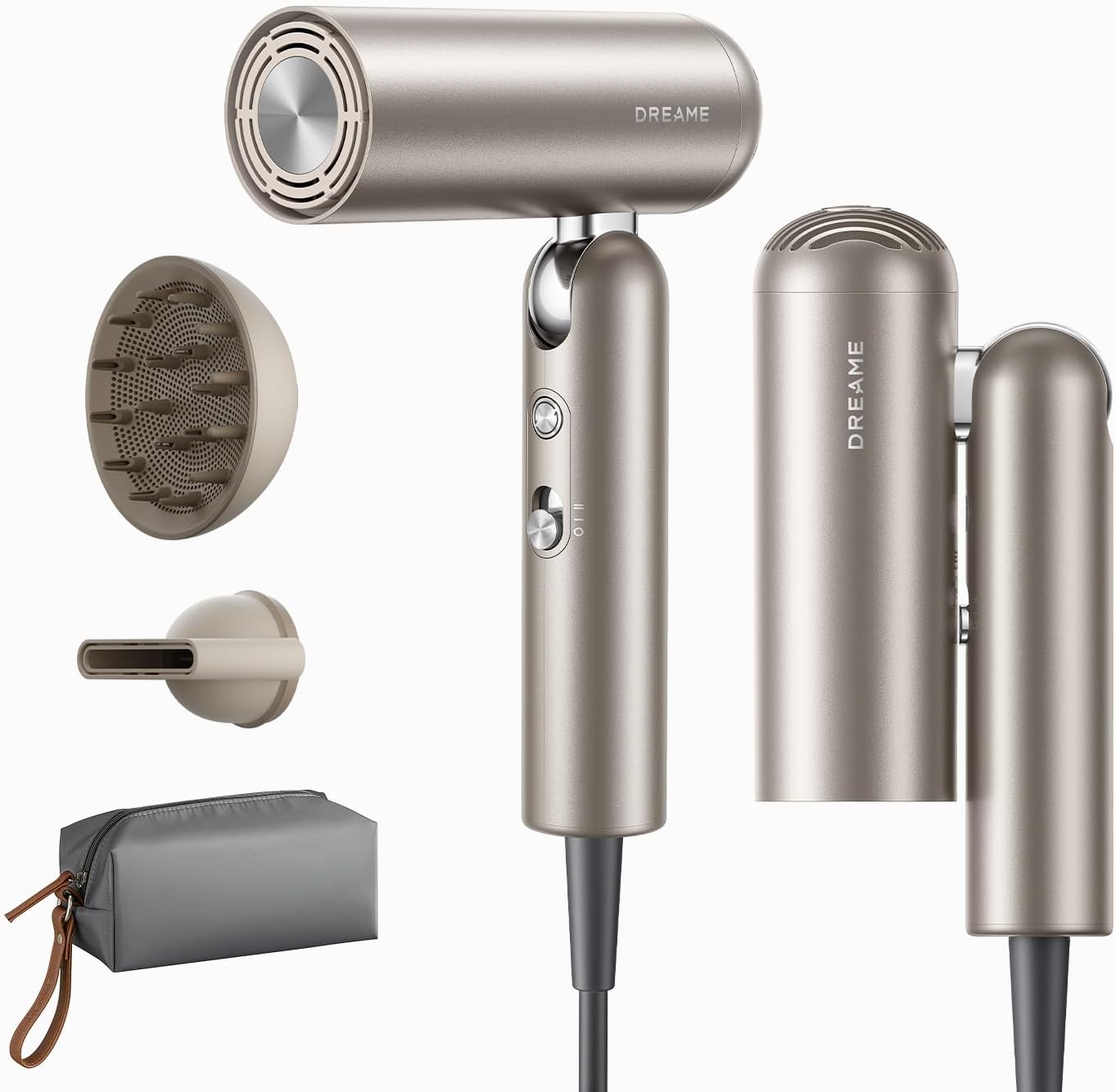DREAME Pocket Pro Hair Dryer, Dual Voltage Travel Blow Dryer with Diffuser, 1300W Professional HighSpeed Ionic Hair Blower, Fast Drying, Low Noise, Lightweight, No Heat Damage, Global Travel 120V/240V