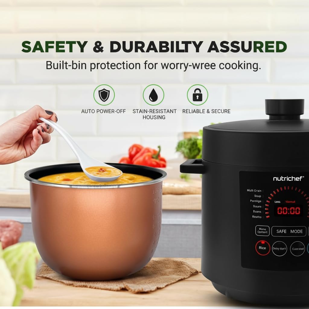 NutriChef Pressure Cooker 6 Quart Stainless Steel, Adjustable Time & Temperature, Multi Cooker for Rice, Yogurt & Meat, Fast Meal Prep
