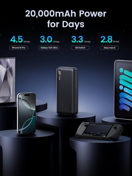 UGREEN 20000mAh Power Bank with 3-port, 0.5M Cable, 22.5W Portable Charger USB Type C Input and Output, PD 3.0 Fast Charging Battery Pack Compatible with iPhone 16/15/14, Galaxy S25/S24, Pixel 8, ipad