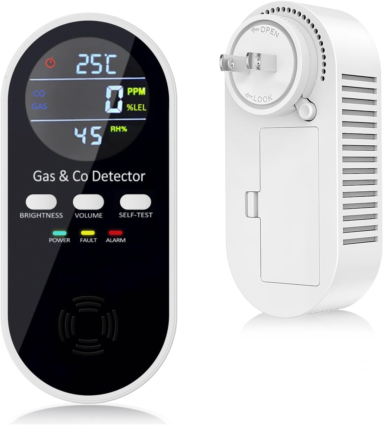 5-in-1 Carbon Monoxide and Natural Gas Detector with Voice & Light Alarm, Plug-In and Battery Backup, Temperature & Humidity Monitor for Home, RV, and Travel