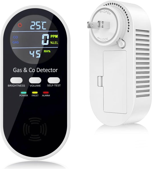 5-in-1 Carbon Monoxide and Natural Gas Detector with Voice & Light Alarm, Plug-In and Battery Backup, Temperature & Humidity Monitor for Home, RV, and Travel