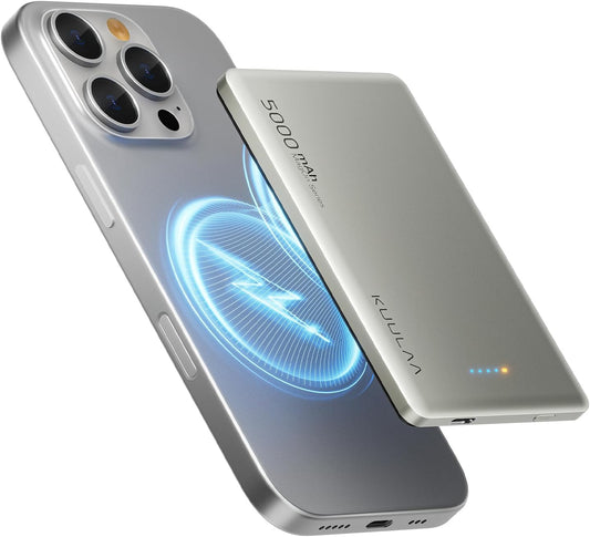 Kuulaa Power Bank 5000mAh 20W, Magnetic Wireless Power Bank 0.3in Ultra Slim Portable Magsafe Charger Compatible with iPhone 15/14 /13/12 Serie - Titanium