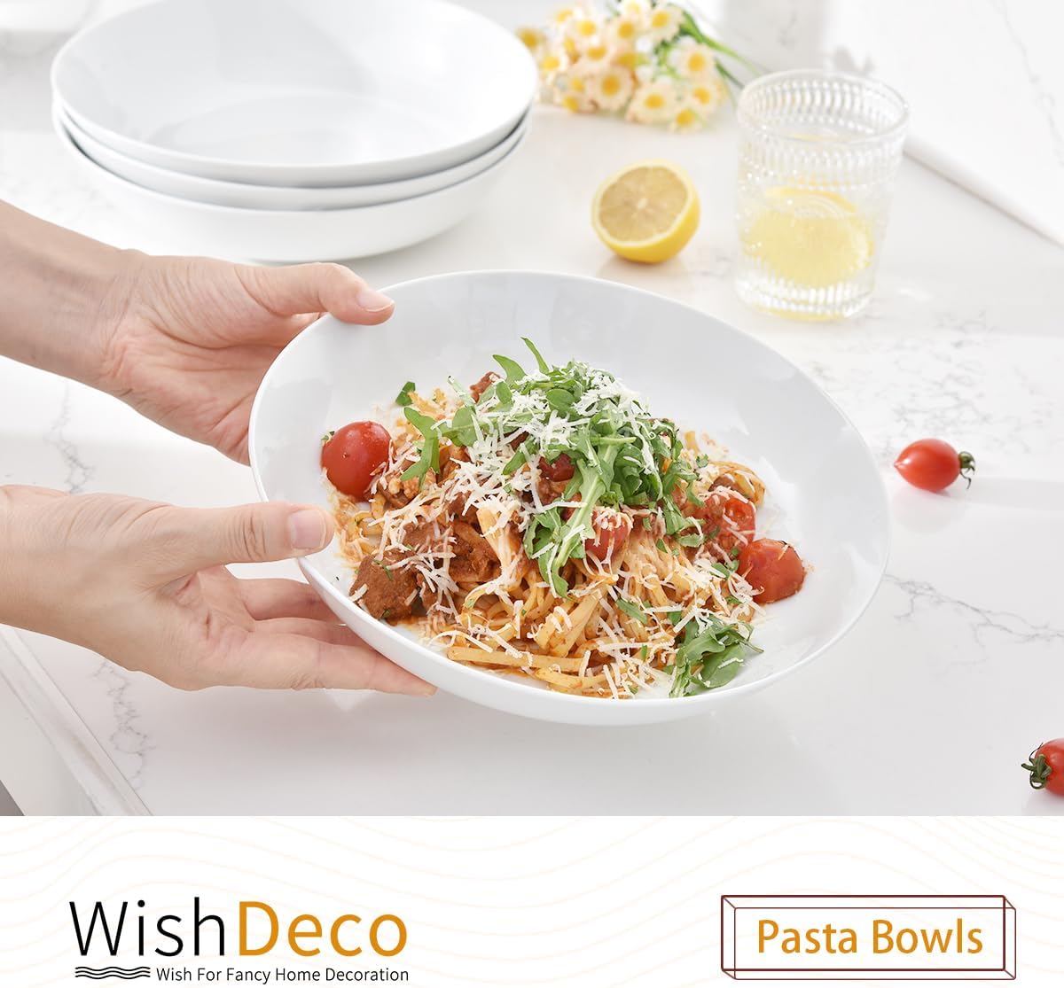 WishDeco White Pasta Bowls Set of 4, Porcelain Salad Bowls 37 oz / 1100 ml, Wide and Shallow Serving Bowl 9 Inch / 23 cm, Large Pasta Plates, Serving Dishes for Soup, Dinner, Microwave Safe