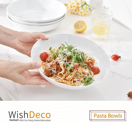 WishDeco White Pasta Bowls Set of 4, Porcelain Salad Bowls 37 oz / 1100 ml, Wide and Shallow Serving Bowl 9 Inch / 23 cm, Large Pasta Plates, Serving Dishes for Soup, Dinner, Microwave Safe - PuriLite