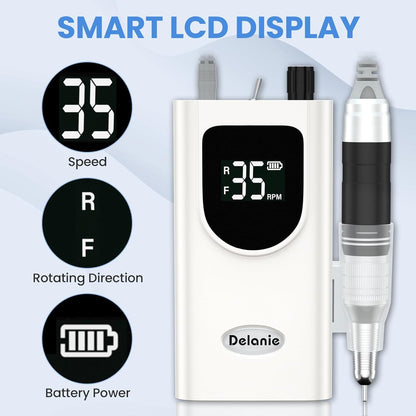 Delanie Professional Nail Drill High Torque 35000 RPM Rechargeable Portable Electric Nail File for Acrylic & Gel, High Speed, Low Heat, Low Vibration, Rose Gold