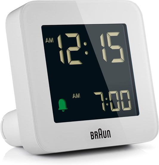 Braun Digital Alarm Clock with Snooze, Negative LCD Display, Quick Set, Crescendo Beep Alarm in White, Model BC09W.