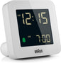 Braun Digital Alarm Clock with Snooze, Negative LCD Display, Quick Set, Crescendo Beep Alarm in White, Model BC09W.