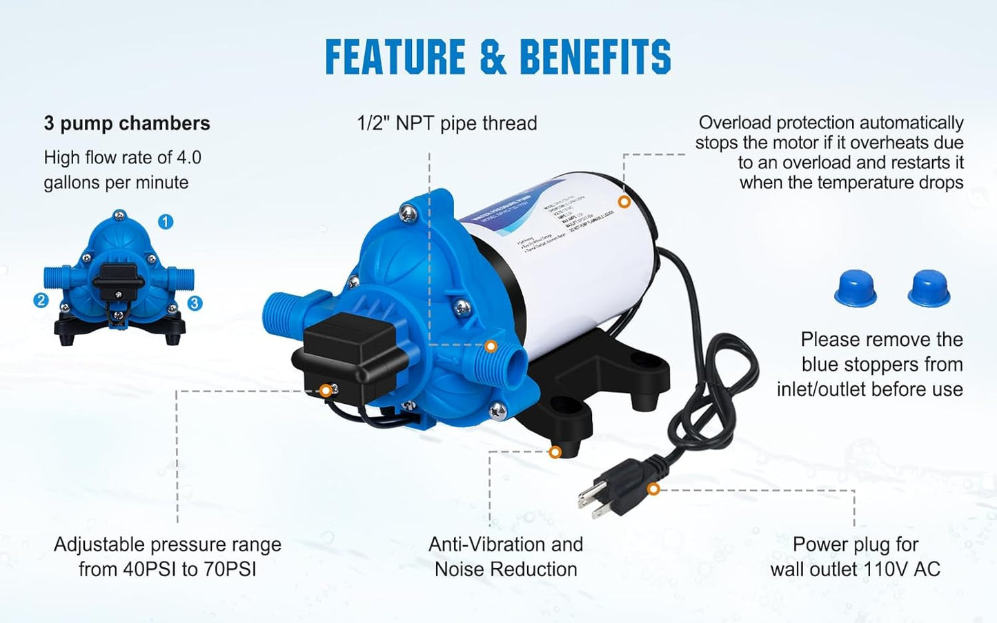 DC HOUSE 12V RV Fresh Water Pump 3.0GPM 45 PSI 12Volt DC Water Pressure Diaphragm Pump On Demand for Camper Trailer Off-Grid Cottage Yacht House