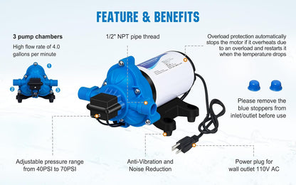 DC HOUSE 12V RV Fresh Water Pump 3.0GPM 45 PSI 12Volt DC Water Pressure Diaphragm Pump On Demand for Camper Trailer Off-Grid Cottage Yacht House