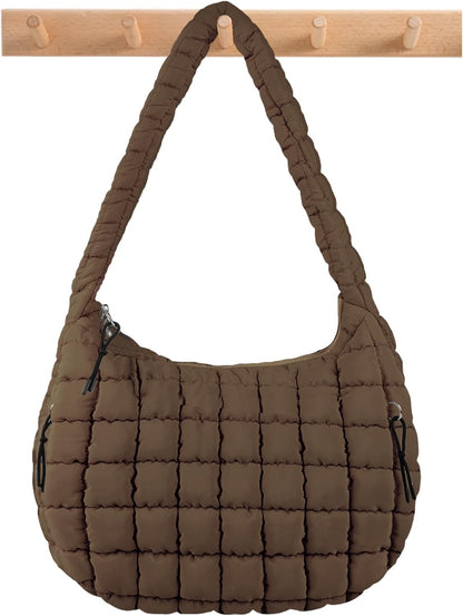 Quilted Puffer Tote Bag Large Crossbody Shoulder Bag with Zipper, Nylon Hobo Oversized Handbag