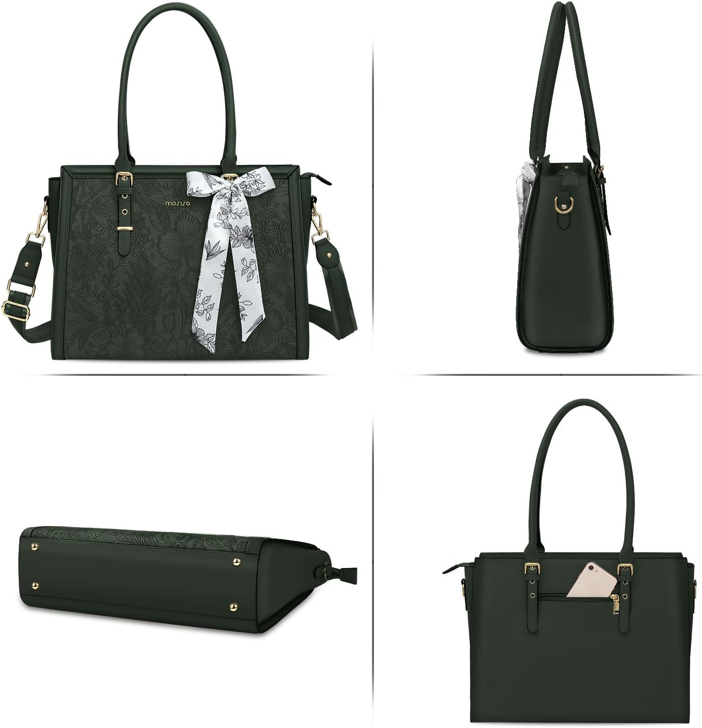 MOSISO Laptop Bag for Women, 17-17.3 inch PU Leathe Tote Bag Compatible with MacBook, HP, Dell, Asus Notebook, Front Embossed Retro Hibiscus Computer Bag with Silk Scarf&Clutch Purse, Gray - PuriLite