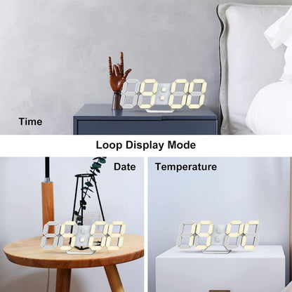 Deeyaple 3D LED Digital Wall Clock Modern Alarm Clock Adjust Brightness 12/24 Time Date Temperature Silent Snooze USB Night Light Remote Control Kitchen Bedroom Living Room Small 9.7 inch White