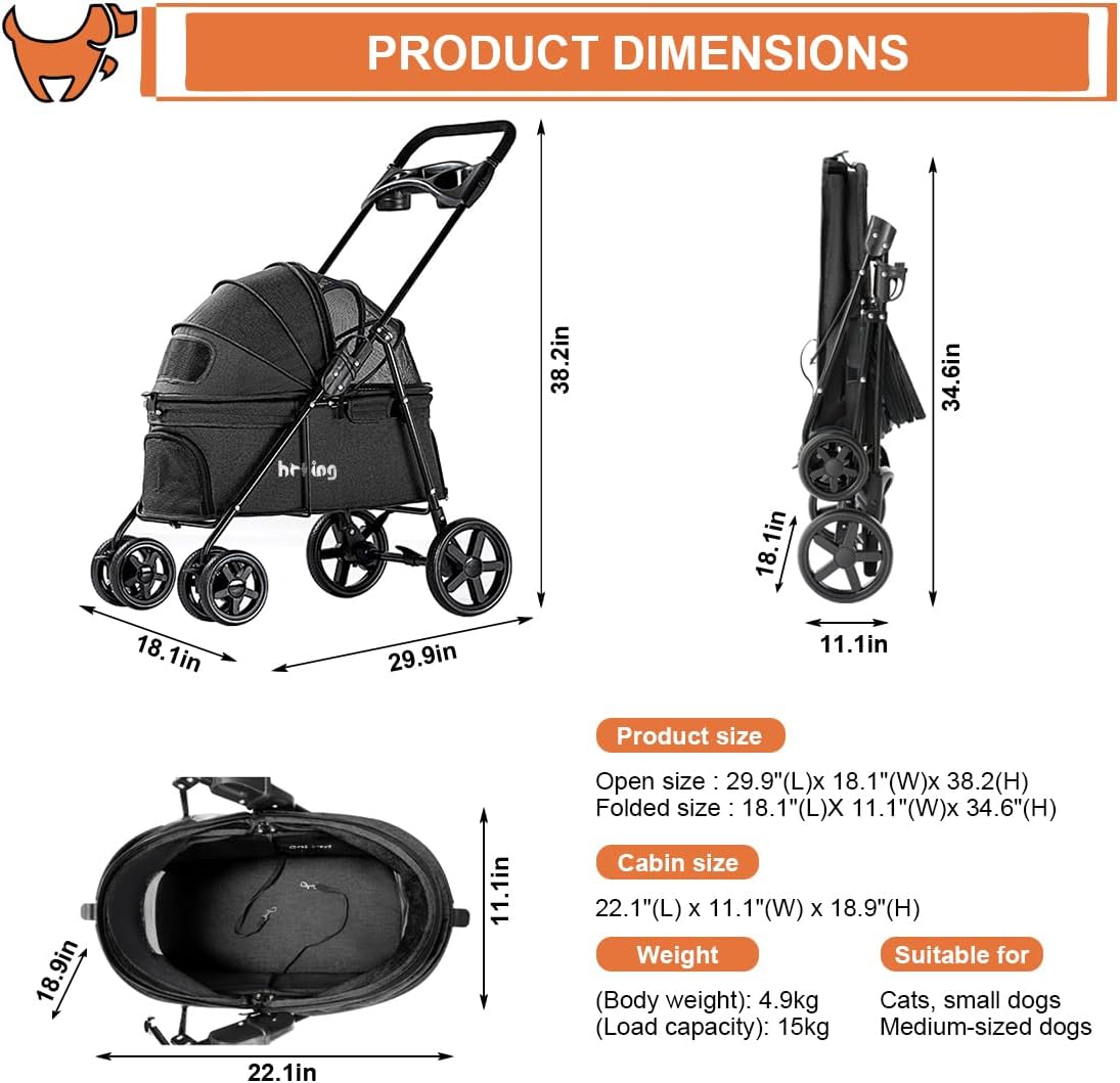 Pet Stroller, Folding Cat Dog Stroller for Medium Small Dogs & Cats | All-Terrain Pet Stroller 4 Wheels Lightweight Travel Carriage Jogging Stroller,Black