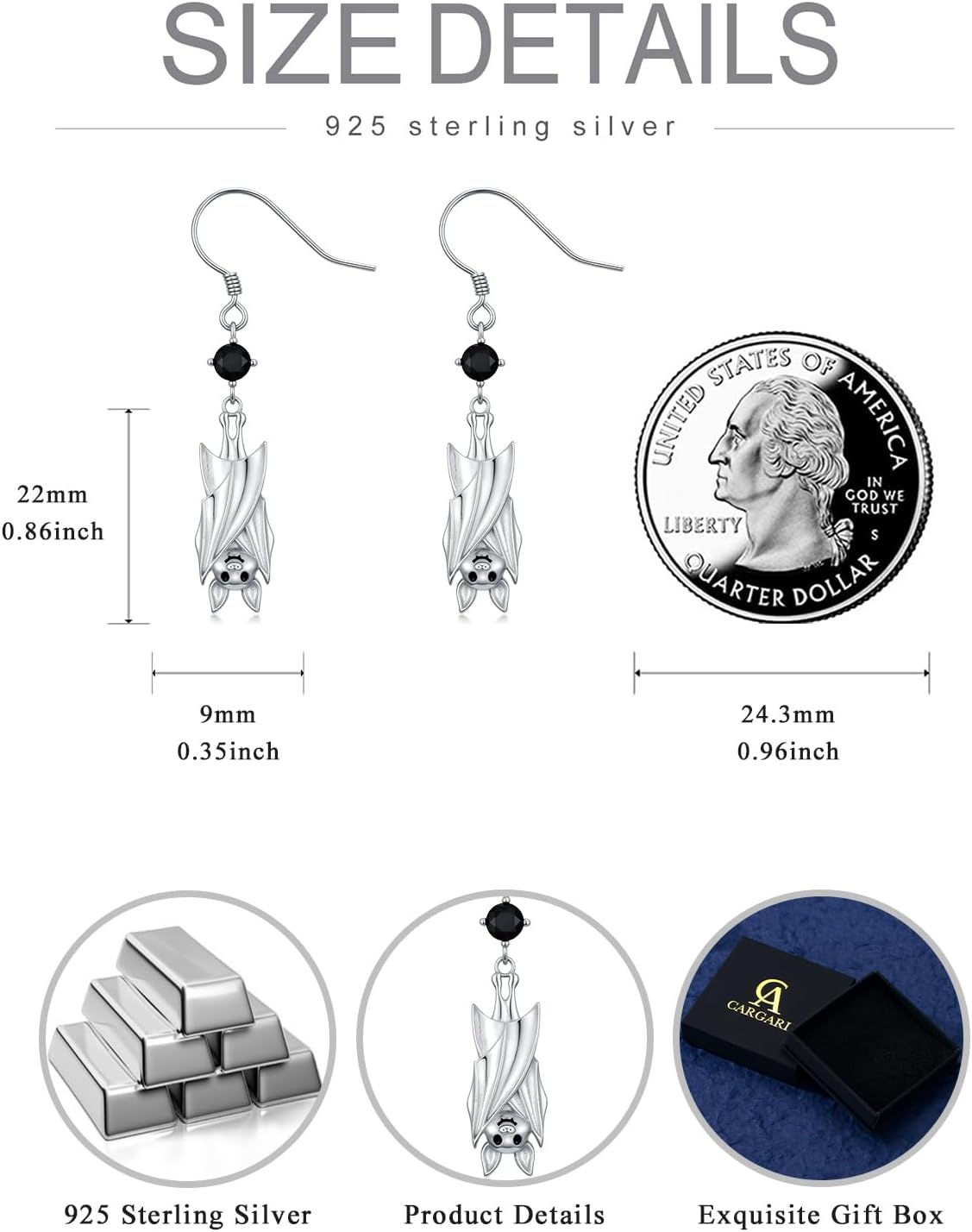 Cargari Bat Ghost Earrings for Women 925 Sterling Silver Bat Spooky Boo Halloween Dangle Drop Witch Holiday Gifts