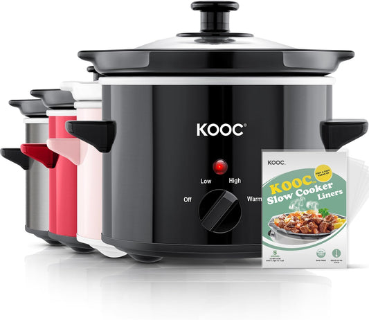 KOOC Small Slow Cooker, 2-Quart, Free Liners Included for Easy Clean-up, Upgraded Ceramic Pot, Adjustable Temp, Nutrient Loss Reduction, Stainless Steel, Black, Round…