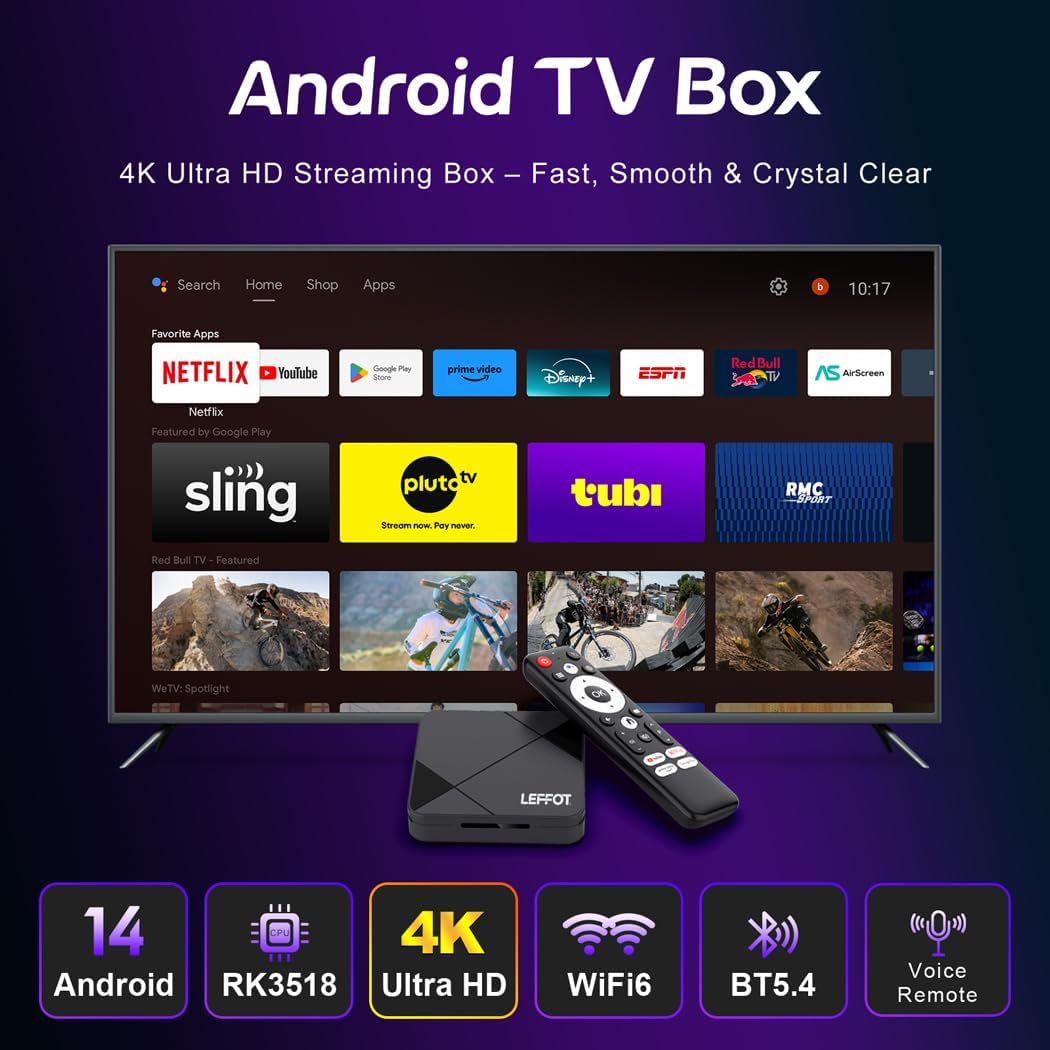 LEFFOT Android TV Box 2025,4K UHD Steaming Devices for TV,2GBRAM + 8GBROM,with HDR10,2.4G&5G WIFI6,BT 5.0,Smat TV Box RK3518