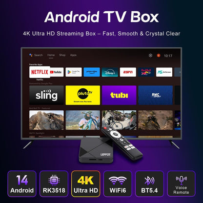 LEFFOT Android TV Box 14, 2025Smart 4K UHD Steaming Devices for TV,2GB RAM + 16GB ROM,Home Smat TV Box,with HDR10,2.4G&5G WiFi 6,BT 5.0 RK3518
