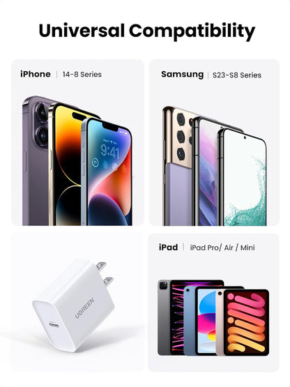 UGREEN 20W PD Fast Wall Charger Block USB C Power Delivery Adapter Compatible with iPhone 16 15 14 13 12 Pro Max SE 11, Pixel, Galaxy S25 S24, iPad mini Pro
