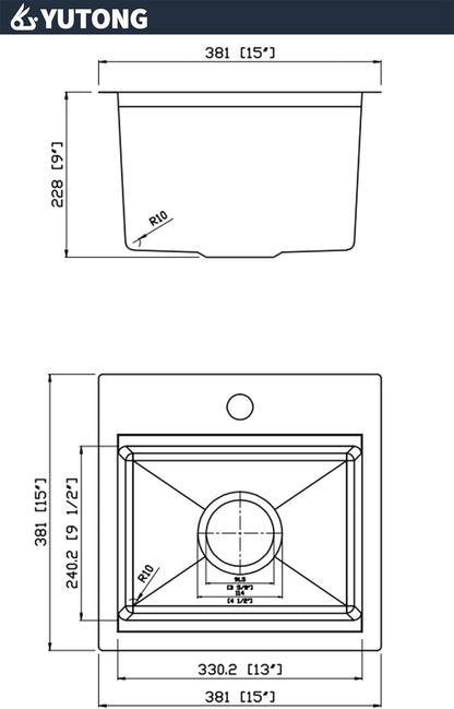 Yutong 16" x 20" Top-Mount/Drop in SS304 Stainless Steel Kitchen Black Sink Single Bowl Without Grid