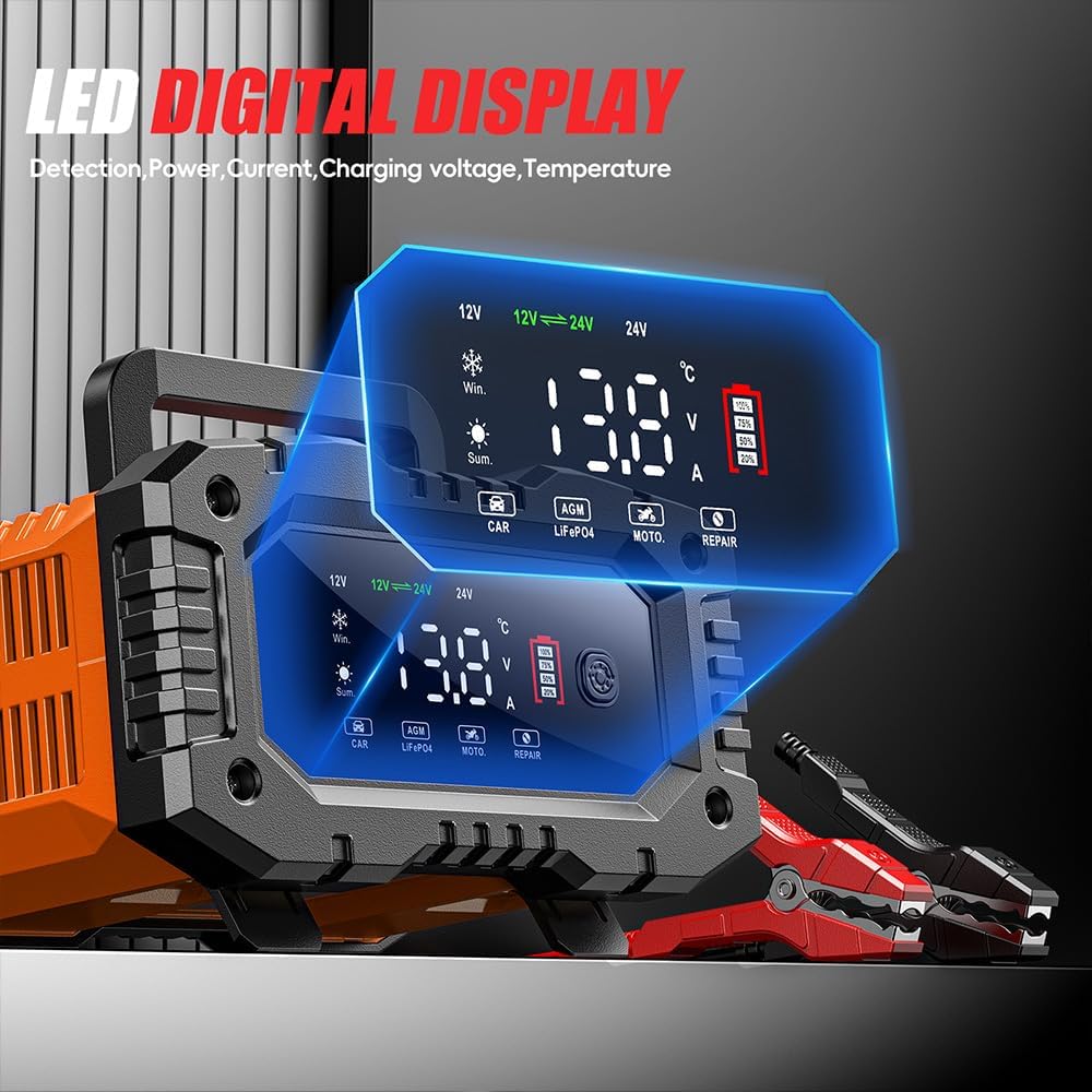 IRICO Multi-Stage Smart Battery Charger for Lithium-ion, LifePo4, AGM, Gel, SLA, Wet, EFB, Deep Cycle Batteries, with Repair Feature. Charge at 12V, 10A or 24V, 5A (12V 10A)