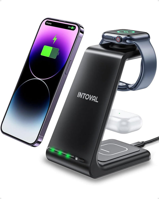 Intoval Wireless Charging Station,3 in 1 Charger for Apple iPhone/iWatch/Airpods,iPhone16,15,14,13,12,11 (Pro,Pro Max)/XS/XR/XS,iWatch10/9/8/Ultra2/1/7/6/SE/5/4/3/2,Airpods Pro2/Pro/3/4 (A3,Black)