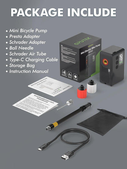 GPUTEK Mini Bike Tire Air Pump: Fast Inflate Portable Small Electric Bicycle Pump for Presta and Schrader Valves, 120 Psi High Pressure Pump with Digital Gauge for Road Bike, Mountain Bike, E-Bike