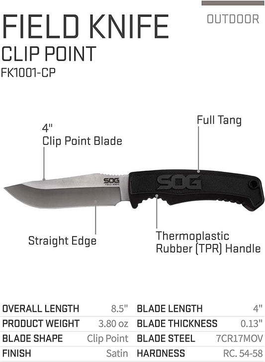 SOG Tactical Knife with Sheath - “Field Knife” Fixed Blade Knives FK1001-CP 4” Fixed Blade Knife with Full Tang Sharp Knife Blade + Survival Knife Grip, Black - PuriLite