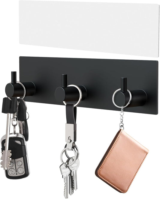 VIS'V Key Holder Wall Mount, Small Metal Self Adhesive Key Hanger with 3 Hooks, No Drilling, Extra Adhesive Strip, Black