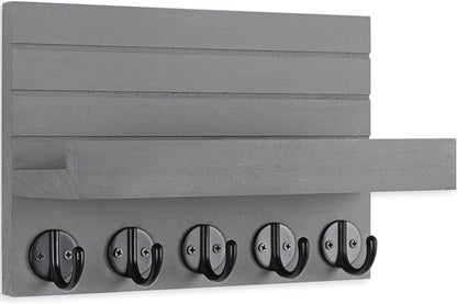 Lwenki Key Holder for Wall, Decorative Key and Mail Holder with Shelf Has Large Key Hooks for Bags, Coats, Umbrella – Paulownia Wood Key Hanger with Mounting Hardware (Black)