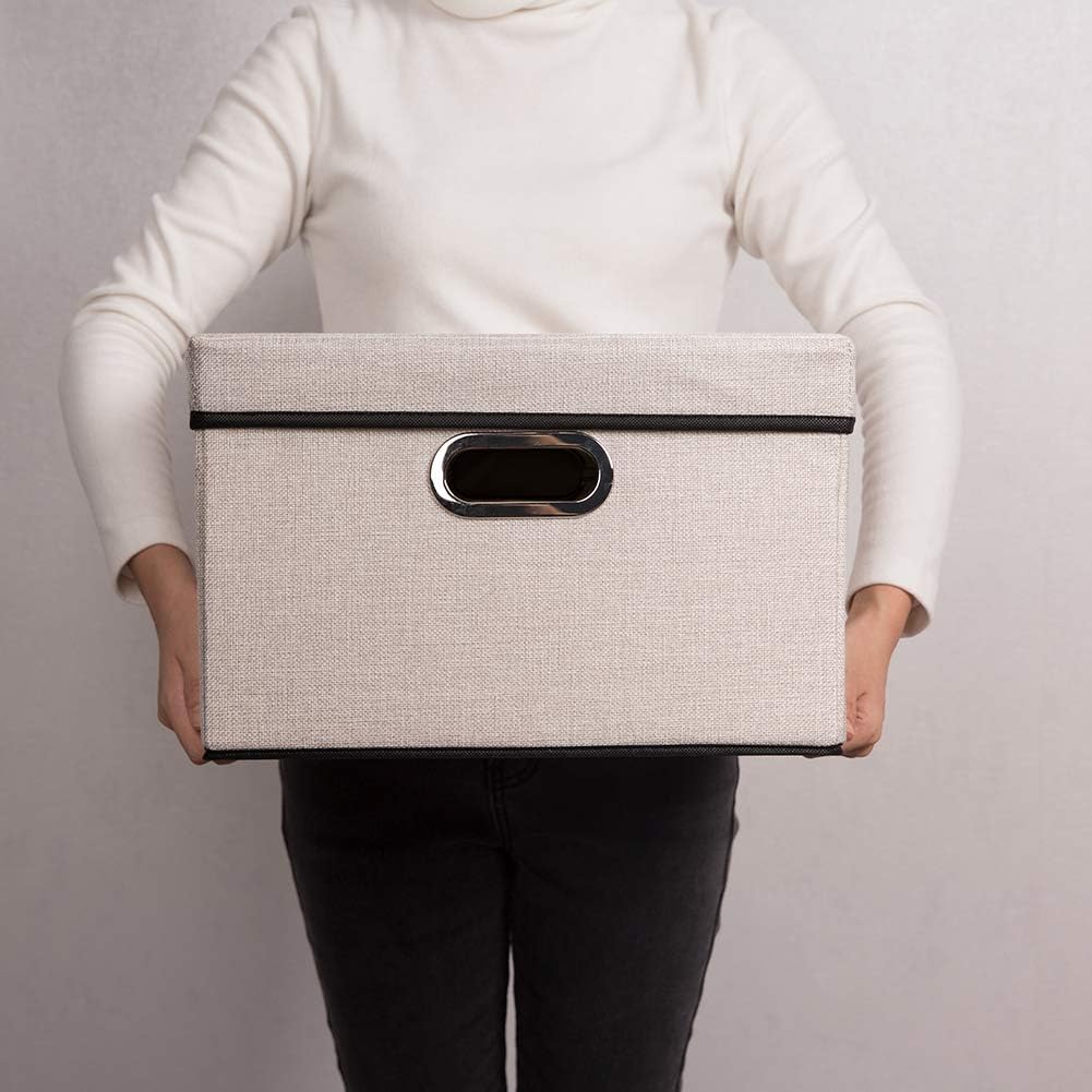 PRANDOM Large Foldable Storage Bin with Lid [1-Pack] Linen Fabric Decorative Storage Box Organizer Containers Basket Cube with Handles Divider for Bedroom Closet Office Living Room (17.7x11.8x11.8")