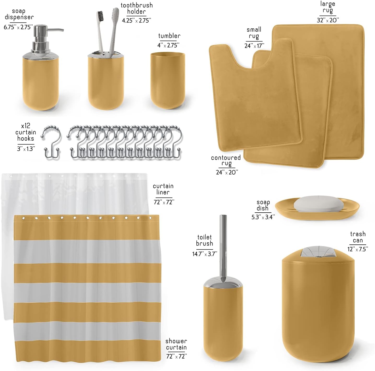 Clara Clark Bathroom Set - Gray Bathroom Accessories Set, Bathroom Sets with Shower Curtain and Rugs, 23PC Shower Curtain Set with Liner, Soap Dispenser, Soap Dish, Toilet Brush Holder, and Trash Can