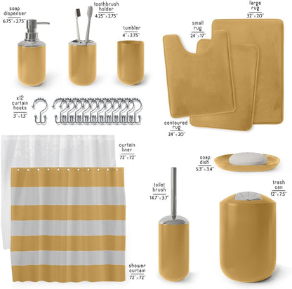 Clara Clark Bathroom Set - Gray Bathroom Accessories Set, Bathroom Sets with Shower Curtain and Rugs, 23PC Shower Curtain Set with Liner, Soap Dispenser, Soap Dish, Toilet Brush Holder, and Trash Can