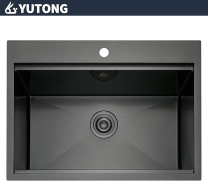 Yutong 16" x 20" Top-Mount/Drop in SS304 Stainless Steel Kitchen Black Sink Single Bowl Without Grid
